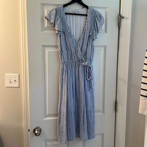 Blue and white striped midi dress